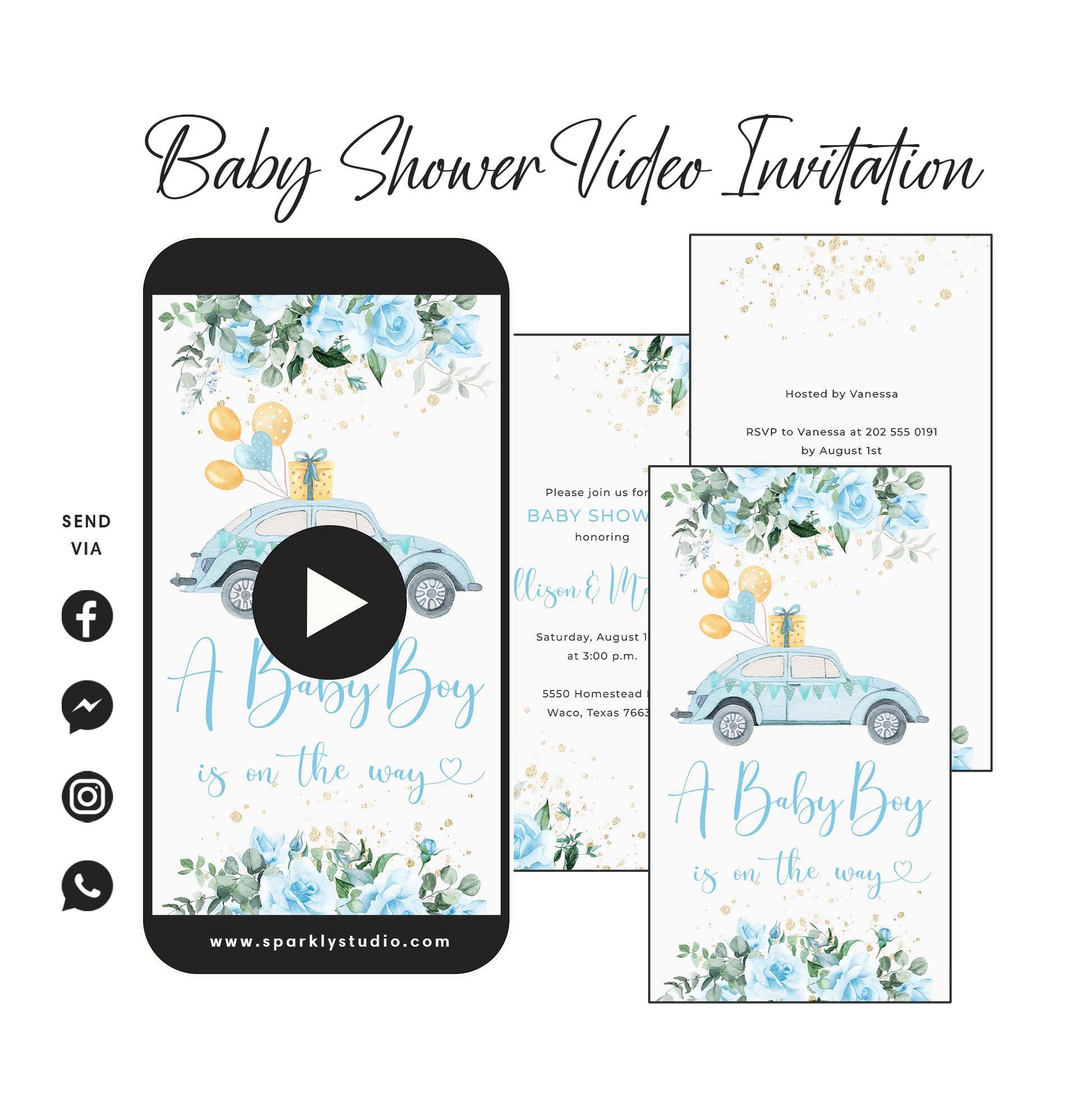 Blue Florals Baby Shower Video Invitation
