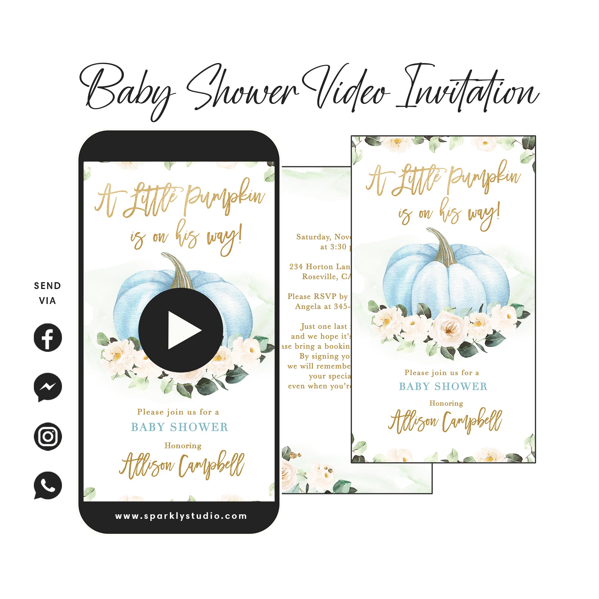 Blue Little Pumpkin Fall Baby Shower Video Invitation