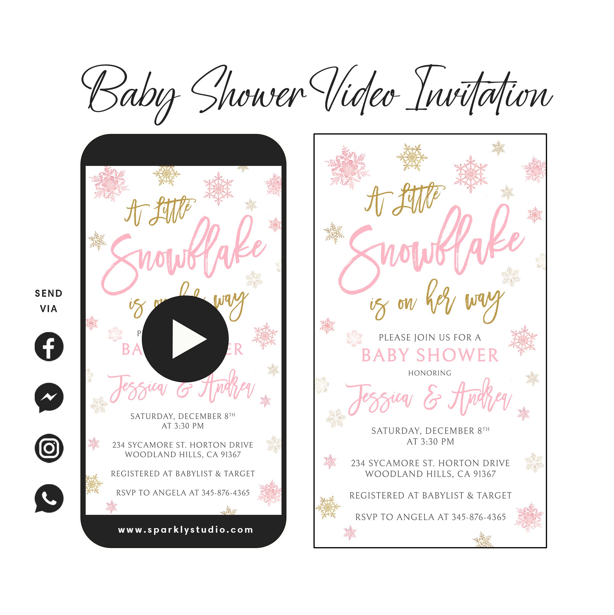 Pink Snowflake Baby Shower Video Invitation