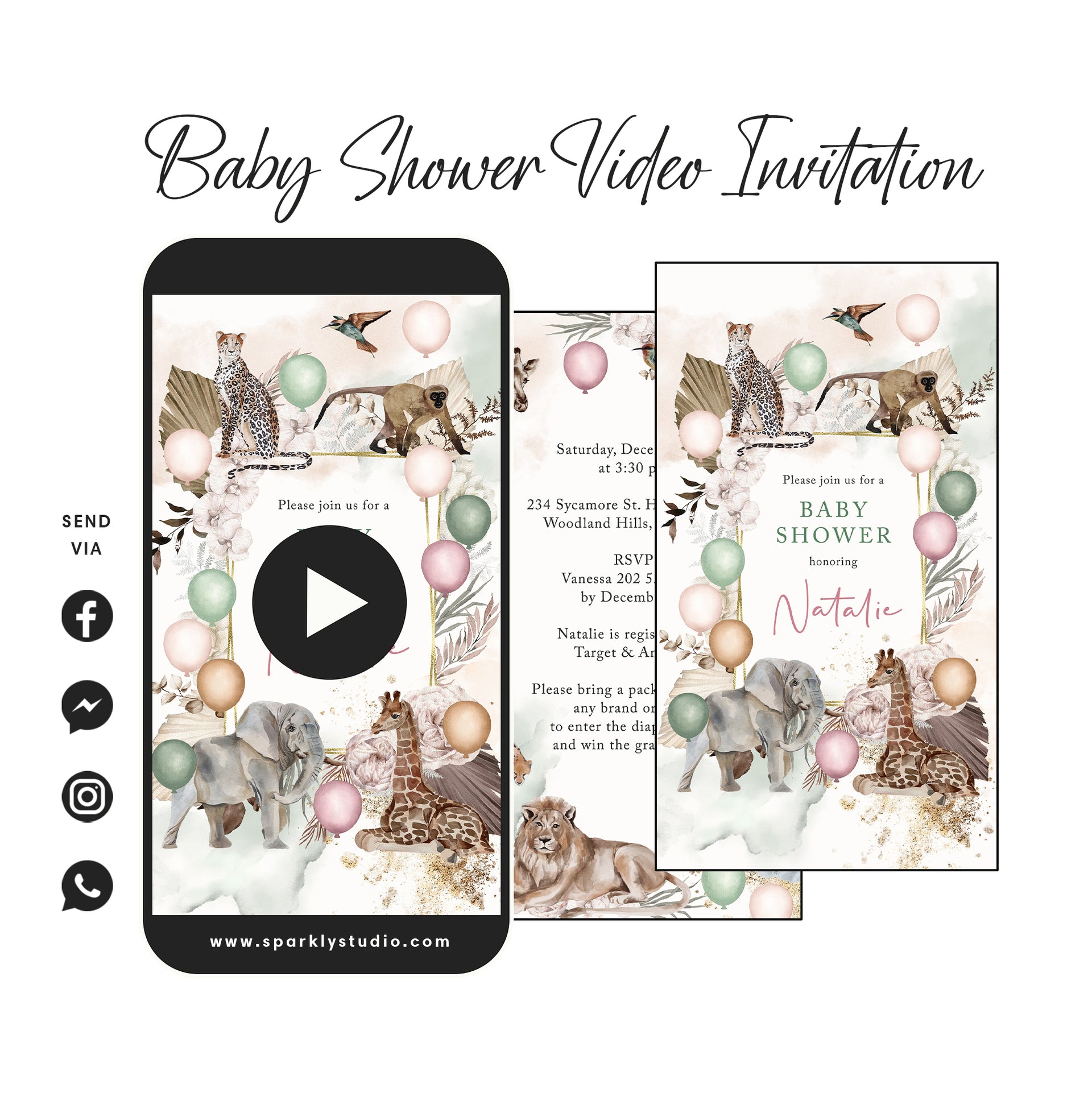 Invitación de video de Baby Shower de animales de Safari Boho – SPARKLY  STUDIO, image size:1920x1922
