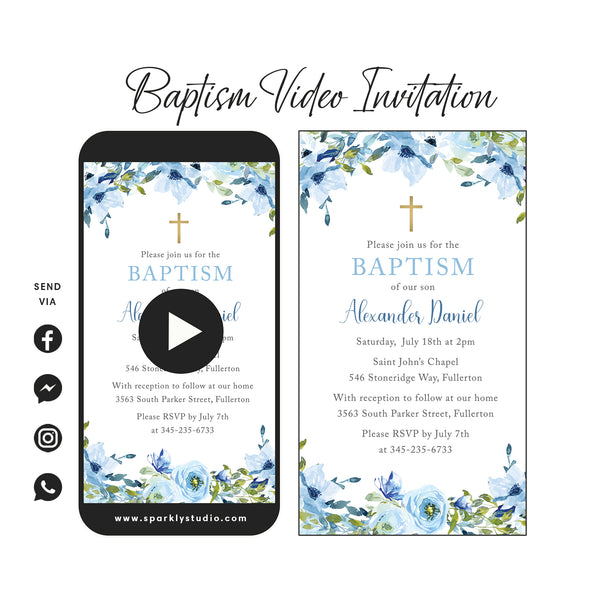 Baby Blue Florals Video Invitation for Baptism | Christening | Dedicat ...