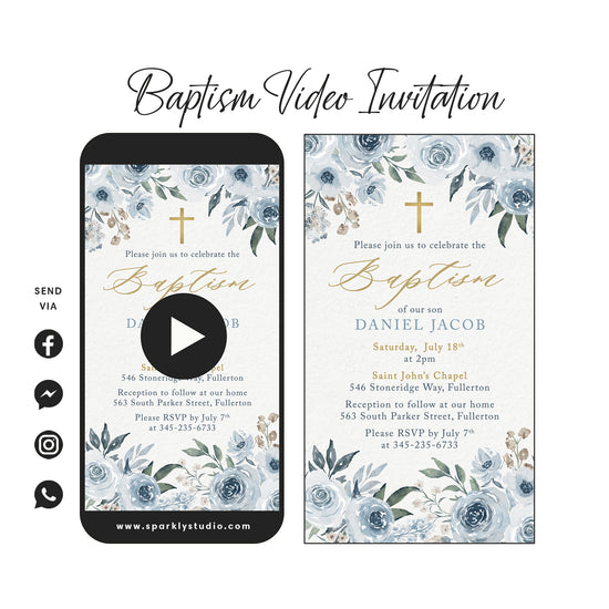 blue florals baptism video invitation
