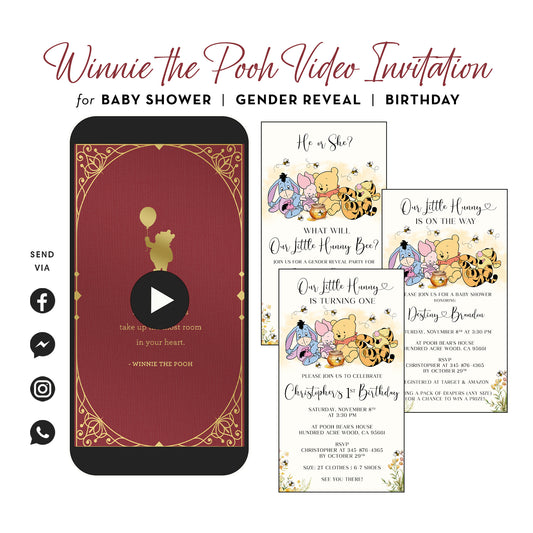 pooh video invitation for baby shower, birthday, gender reveal