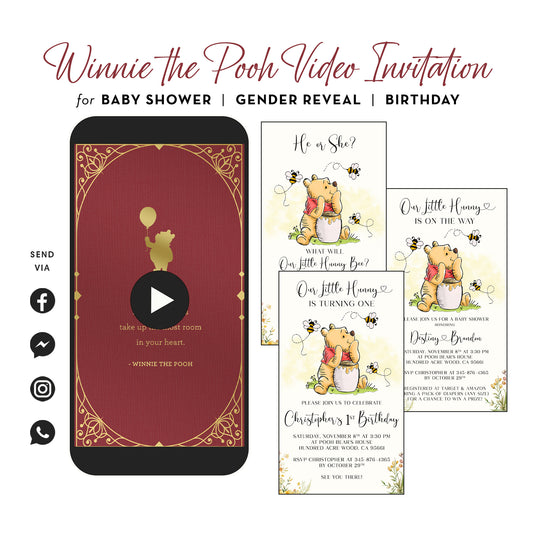 Winnie the pooh video invitation for baby shower, gender reveal, birthday