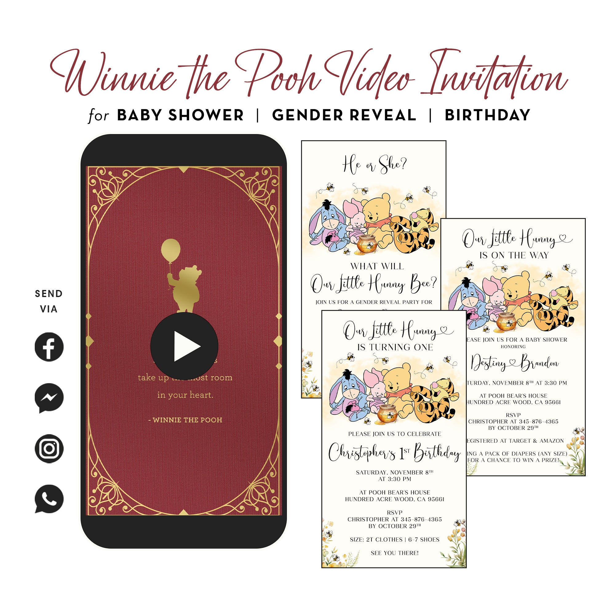pooh video invitation for baby shower, birthday, gender reveal