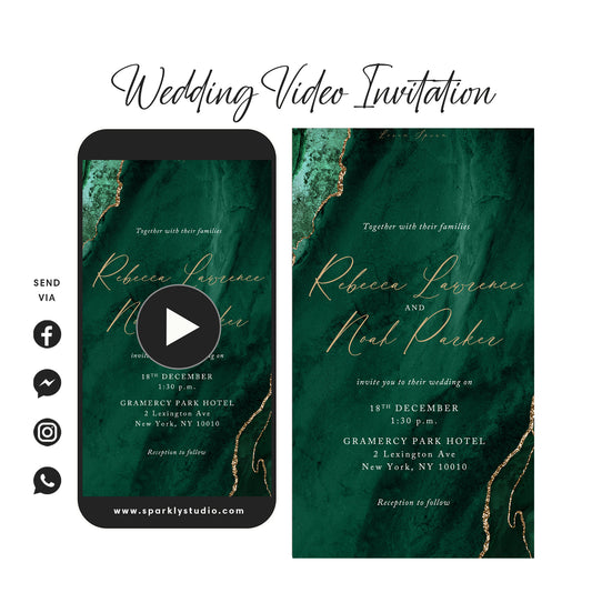 Green & Gold Agate - Wedding Video Invitation - Save The Date Video