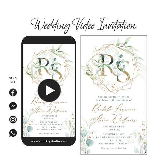 Greenery & Gold Initials - Wedding Video Invitation - Save The Date Video