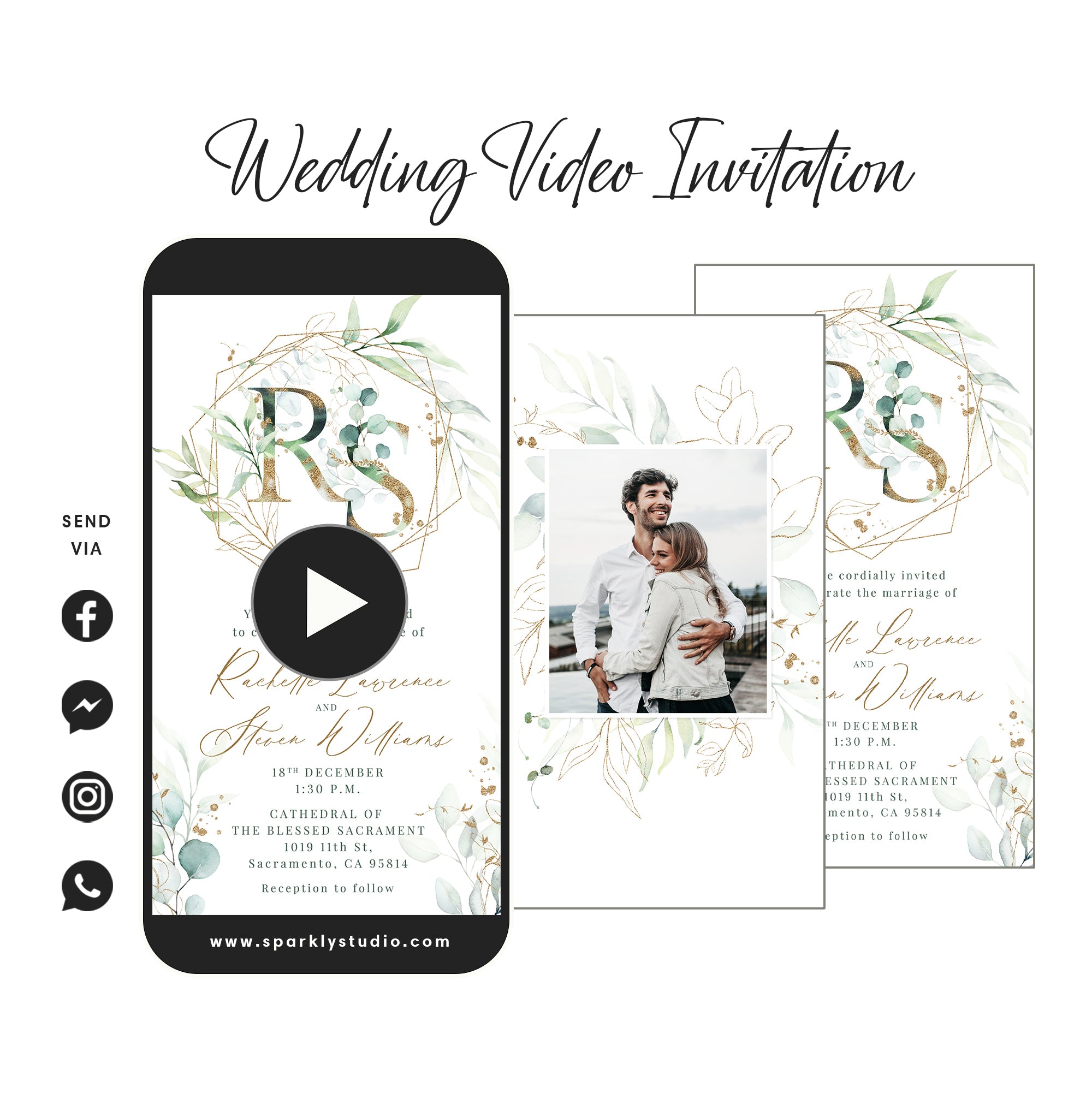 Greenery & Gold Initials w/ Photo - Wedding Video Invitation - Save The Date Video