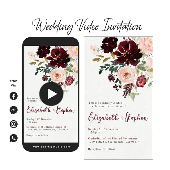Burgundy Blush Rustic Floral - Wedding Video Invitation - Save The Date Video
