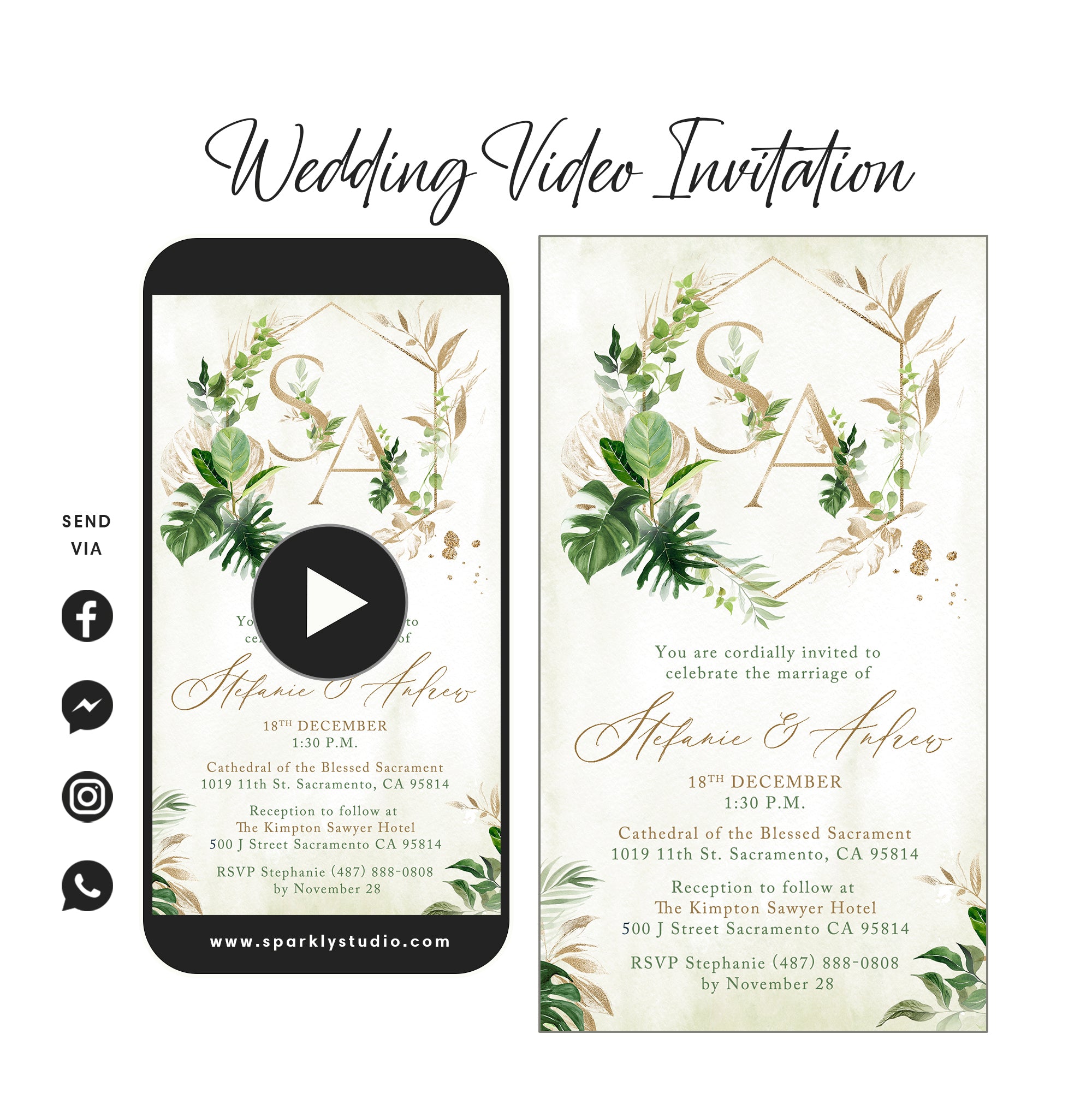 Elegant Tropical w/ Gold Initials - Wedding Video Invitation - Save The Date Video