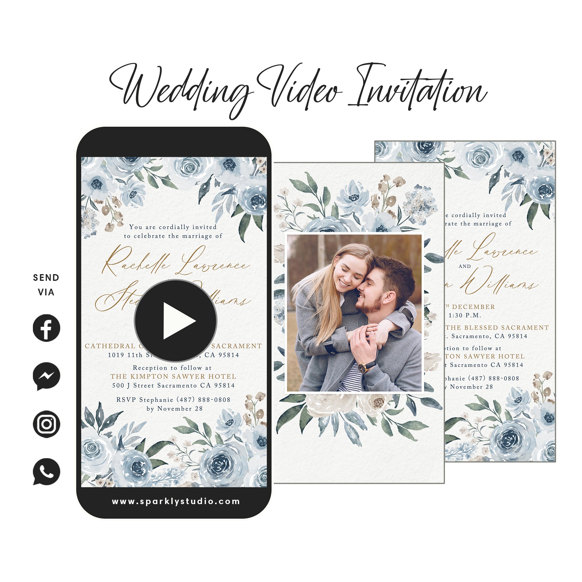 Dusty Blue Florals w/ Photo - Wedding Video Invitation - Save The Date Video