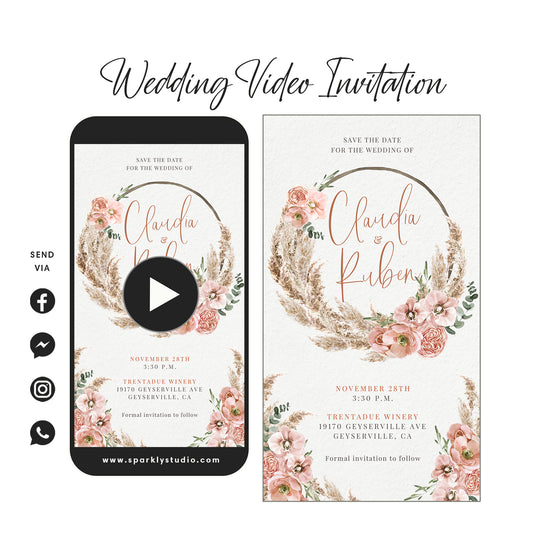 Pampas Bohemian Pink - Wedding Video Invitation - Save The Date Video