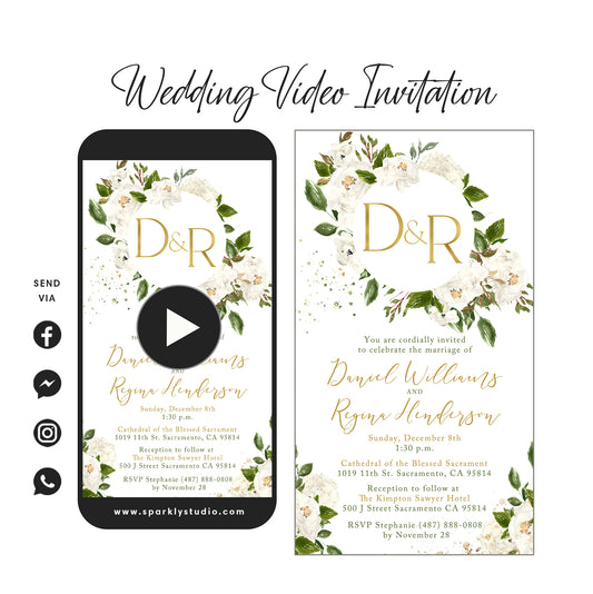 White Florals & Gold Initials - Wedding Video Invitation 