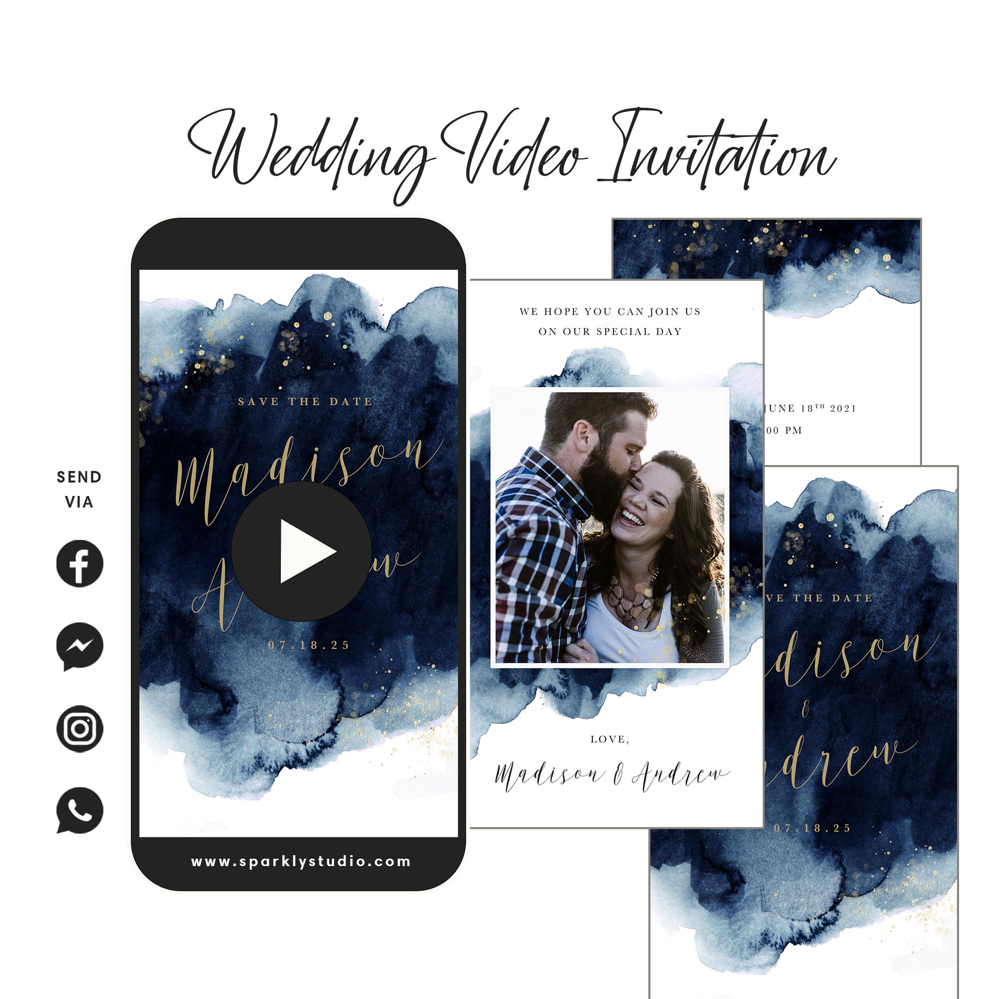 Navy Blue & Gold Watercolor - Wedding Video Invitation - Save The Date Video