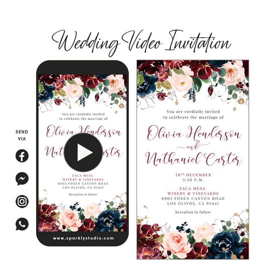 Navy Burgundy & Blush Florals Wedding Video Invitation - Save The Date Video