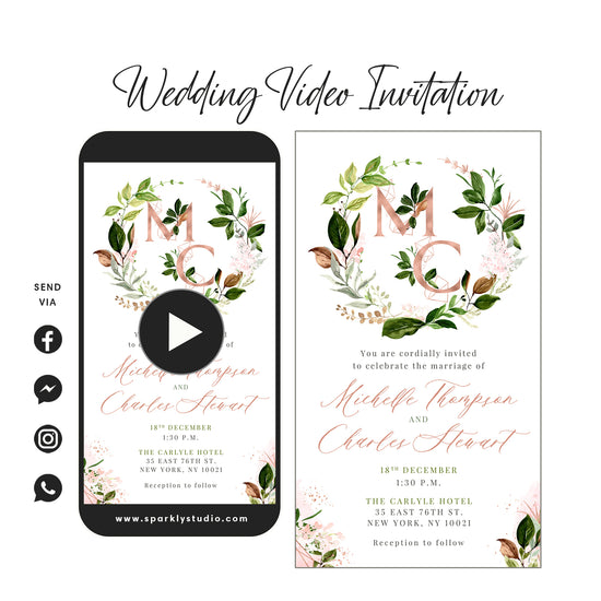 Greenery & Rose Gold Initials - Wedding Video Invitation - Save The Date Video