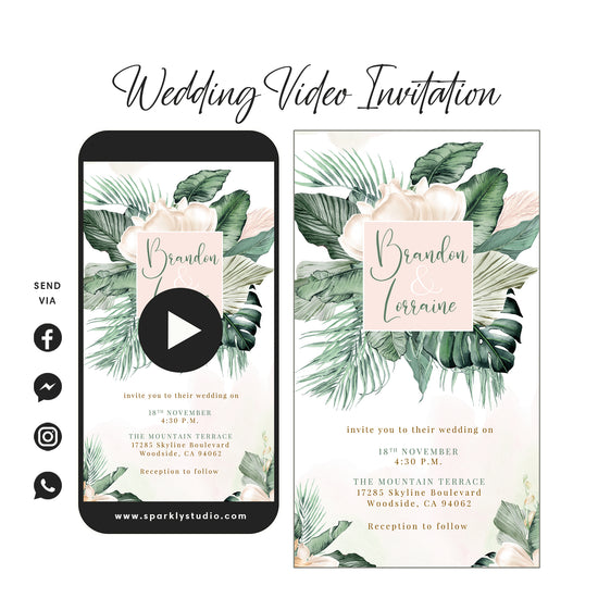 Tropical Greenery & Blush - Wedding Video Invitation - Save The Date Video