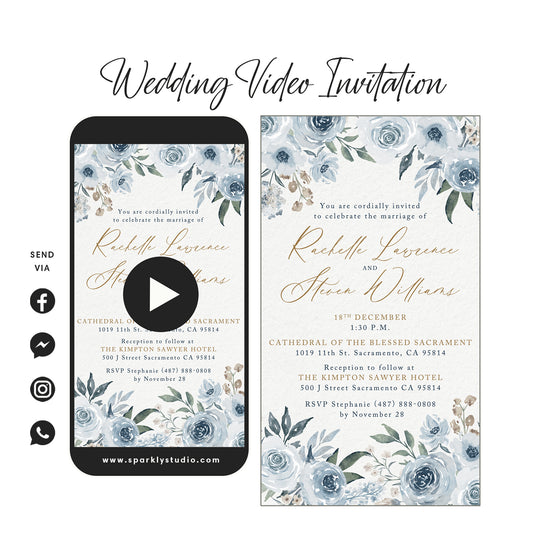 Dusty Blue Florals - Wedding Video Invitation - Save The Date Video