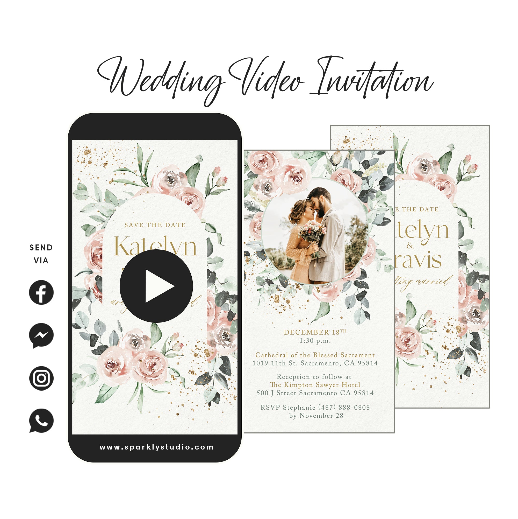 Pink Blush Florals w/ Photo - Wedding Video Invitation - Save The Date Video