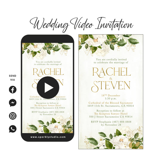 Florales dorados y blancos elegantes - Video de invitación de boda | Guarde el vídeo de la fecha