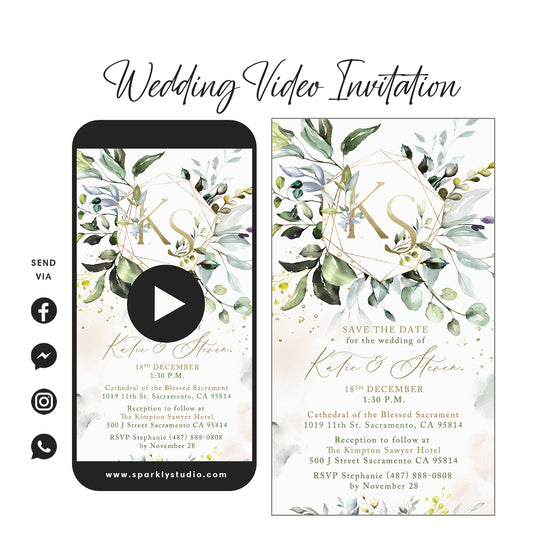 Botanical Greenery & Gold Initials - Wedding Video Invitation - Save The Date Video