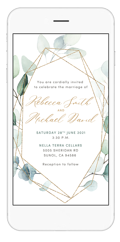 Modern Minimalist Eucalyptus Greenery w/ Gold frame Wedding Video Invitation | Save The Date Video